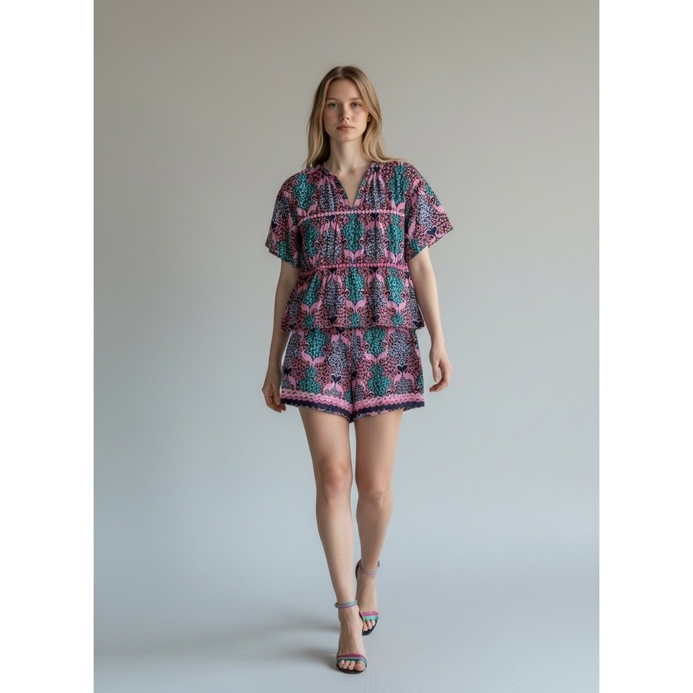 Simply Southern Flamingo Short Set Women L Pink Teal Floral Tiered Preppy Chic
